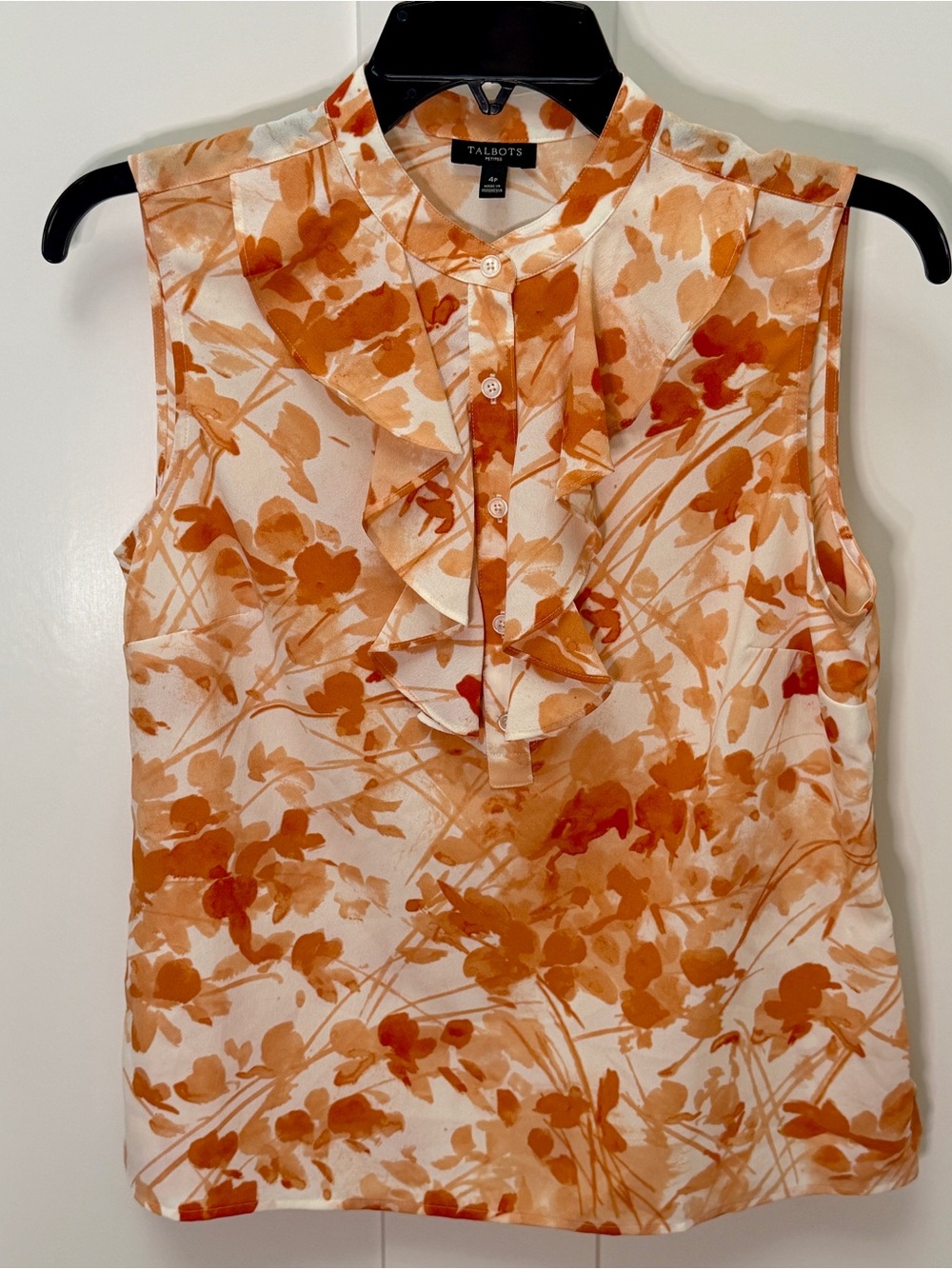 Talbots Orange Floral Ruffle Sleeveless Top